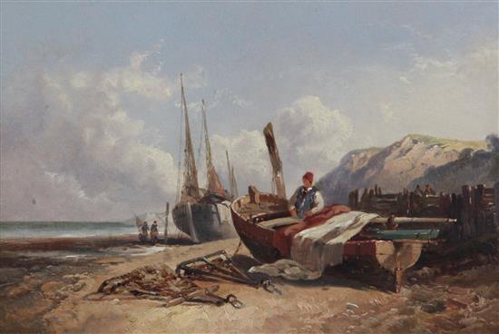 Joseph Horlor (1809-1887) Fishing boats on the beach 9.5 x 13.5in.